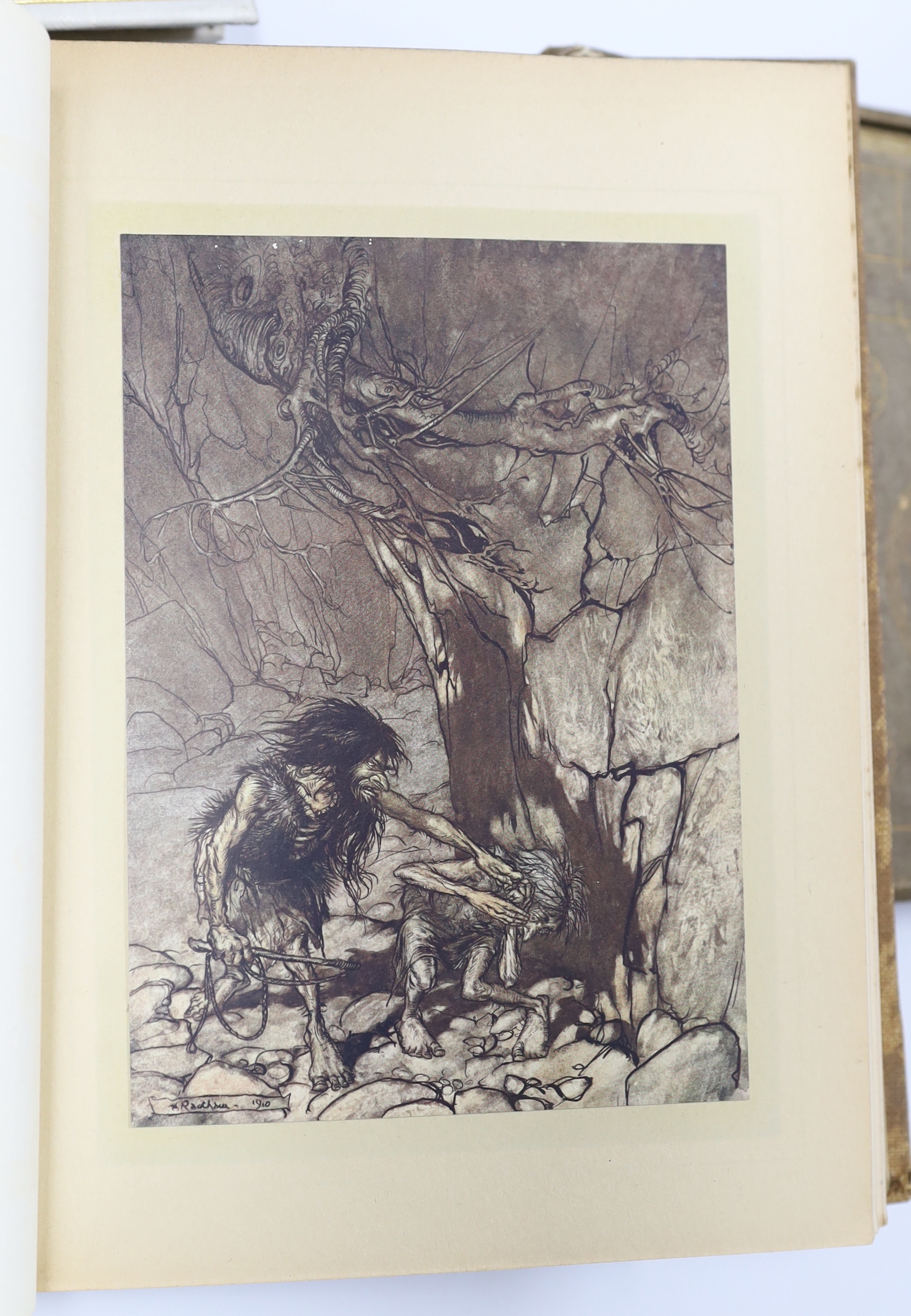Wagner, Richard - The Rhinegold and The Valkyrie. 1st trade edition. title illus., 34 coloured and mounted plates with captioned guards, text decorations and coloured pictorial e/ps. (by Arthur Rackham); publisher's gilt